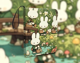 May include: A wallet featuring a whimsical illustration of white cartoon bunnies in a green forest setting. The bunnies are depicted carrying baskets and walking near water. The words "Front View" are at the top. The wallet has a black wrist strap.