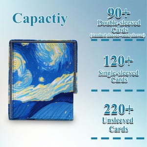 Puede incluir: Una caja de almacenamiento de cartas con un dise&ntilde;o art&iacute;stico azul y amarillo, que recuerda a una noche estrellada. La caja puede contener m&aacute;s de 90 cartas con doble funda, m&aacute;s de 120 cartas con funda simple o m&aacute;s de 220 cartas sin funda. La palabra "Capactiy" est&aacute; impresa en la parte superior.