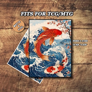 May include: A print featuring two koi fish swimming in a sea of blue waves, with a mountain and cherry blossoms in the background. The print is 2.6 inches by 3.6 inches and fits TCG/MTG. The print is available in matte and foil.