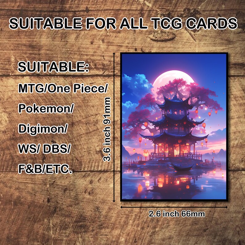 May include: A card featuring a Japanese-style pagoda scene with a full moon, pink trees, and water reflections. The card measures 3.6 inches by 2.6 inches. Text indicates suitability for TCG cards, including MTG, Pokemon, and Digimon.