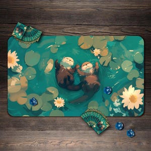mtg playmat depicts two adorable otters frolicking on a tranquil water surface, surrounded by lotus leaves and blooming water lilies, creating a leisurely natural atmosphere.