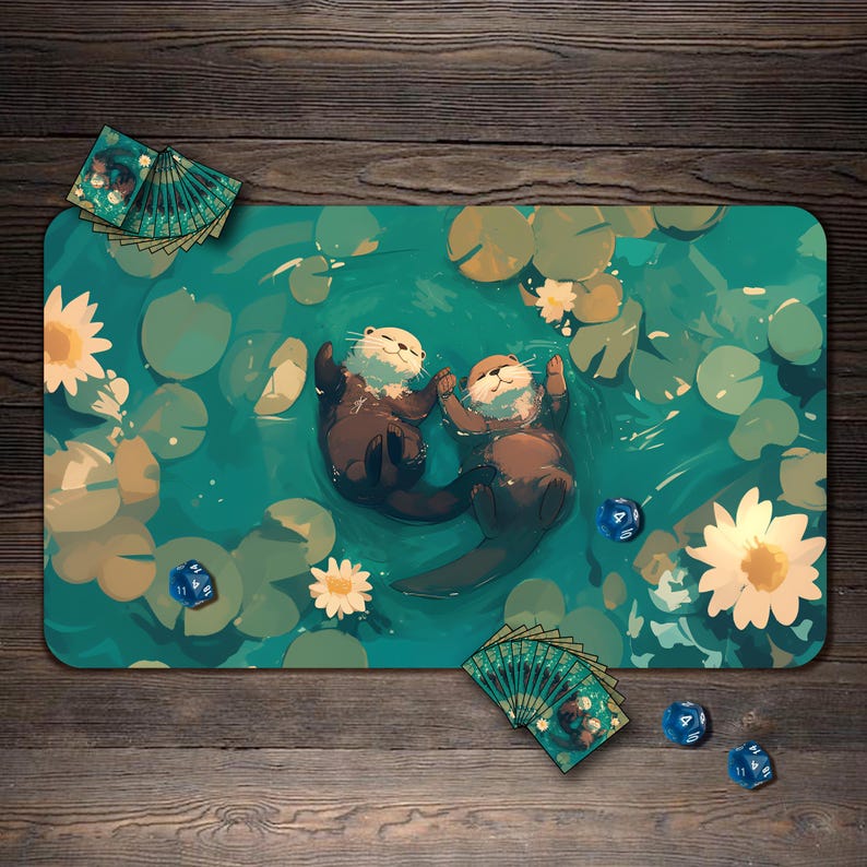 mtg playmat depicts two adorable otters frolicking on a tranquil water surface, surrounded by lotus leaves and blooming water lilies, creating a leisurely natural atmosphere.