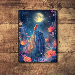 May include: A red bird perched on a rock surrounded by colourful flowers under a full moon and a starry night sky.