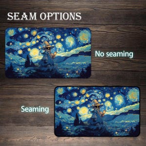 May include: Two rectangular mats with a starry night design, one with and one without a seam. The mats feature a wizard figure and the text "SEAM OPTIONS" and "No seaming" and "Seaming". The color palette includes blues, yellows, and dark tones.