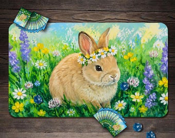 MTG Playmat, Floral Bunny Custom Play Mat, TCG Playmat with Zones - 24"x14"