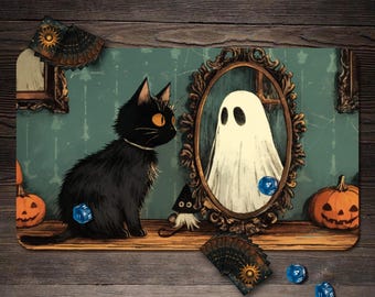MTG Playmat, Ghost and Cat Custom Play Mat, TCG Playmat with Zones - 24"x14"