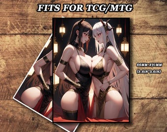 May include: Two rectangular trading card sleeves measuring 2.6 inches by 3.6 inches, featuring an illustration of two anime-style figures with horns in dark and gold attire. The text FITS FOR TCG/MTG is printed above the cards on a wood background.