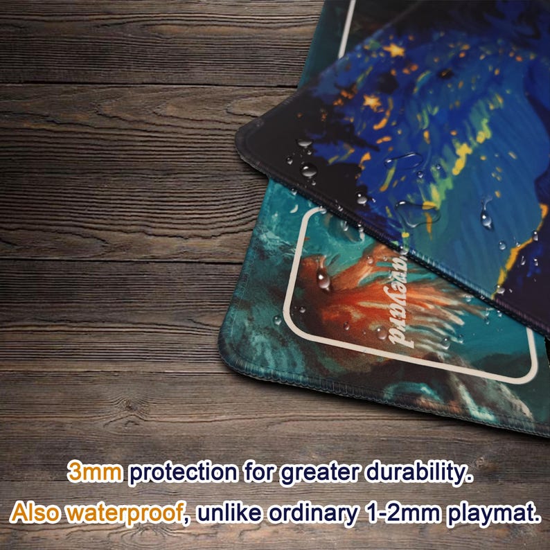 May include: Two rectangular playmats with colorful abstract art designs. One mat features a blue and yellow design, the other a teal and orange design. The mats are waterproof and offer 3mm protection for greater durability. The word "aveyard" is printed on the mats.