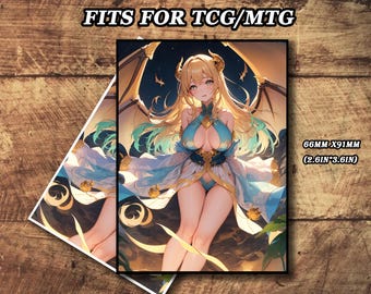 May include: A fantasy illustration of a woman with long blonde hair and blue eyes wearing a blue and gold dress. She has wings and is standing in a forest. The image is 66mm x 91mm (2.6in x 3.6in) and is suitable for trading card games.