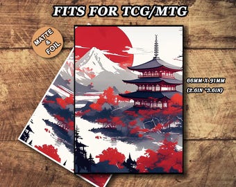 May include: A matte and foil card with a Japanese landscape design, including a red sun, mountain, and pagoda. The card is 66mm x 91mm (2.6in x 3.6in) and suitable for TCG/MTG cards.