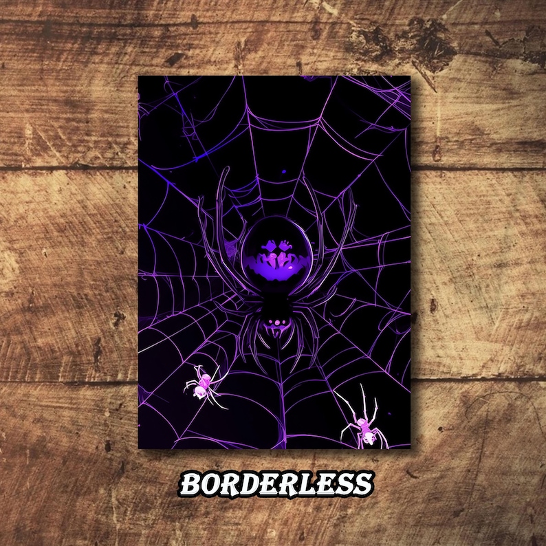 May include: A borderless print featuring a purple spider and web design against a black background. The image includes the word "BORDERLESS" in white text at the bottom. The spider and web are detailed with a spooky, Halloween theme.