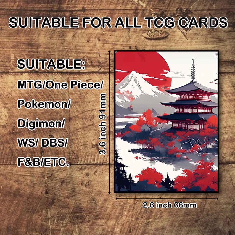 May include: A trading card with a Japanese-style illustration of a pagoda, mountains, and a red sun. The card is 91mm by 66mm. Text indicates suitability for TCG cards like MTG, Pokemon, and Digimon. The card's dimensions are displayed.