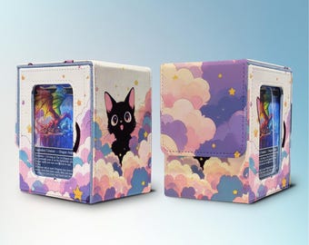 MTG Deck Box with Commander Display, Holds 100+ Sleeved Cards, Kawaii Cat, PU Leather