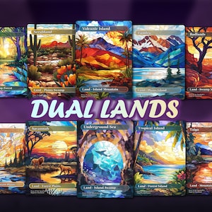 Pacote de terrenos duplos (mais de 10 cartas), conjunto de proxies de terrenos duplos, terrenos proxy personalizados em estilo vitral para EDH ou cEDH