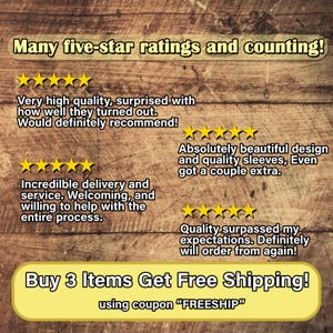 May include: Image of a wooden background with customer reviews and five-star ratings. Text includes phrases like "Very high quality" and "Absolutely beautiful design." A banner at the bottom promotes a deal: "Buy 3 Items Get Free Shipping!"