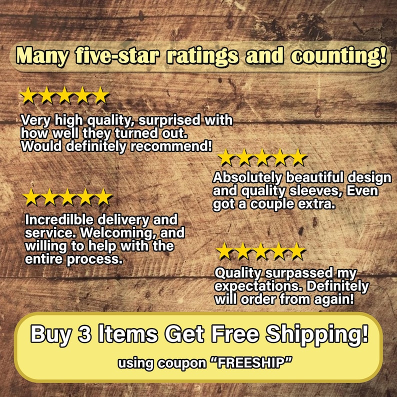 May include: Image of a wooden background with customer reviews and five-star ratings. Text includes phrases like "Very high quality" and "Absolutely beautiful design." A banner at the bottom promotes a deal: "Buy 3 Items Get Free Shipping!"