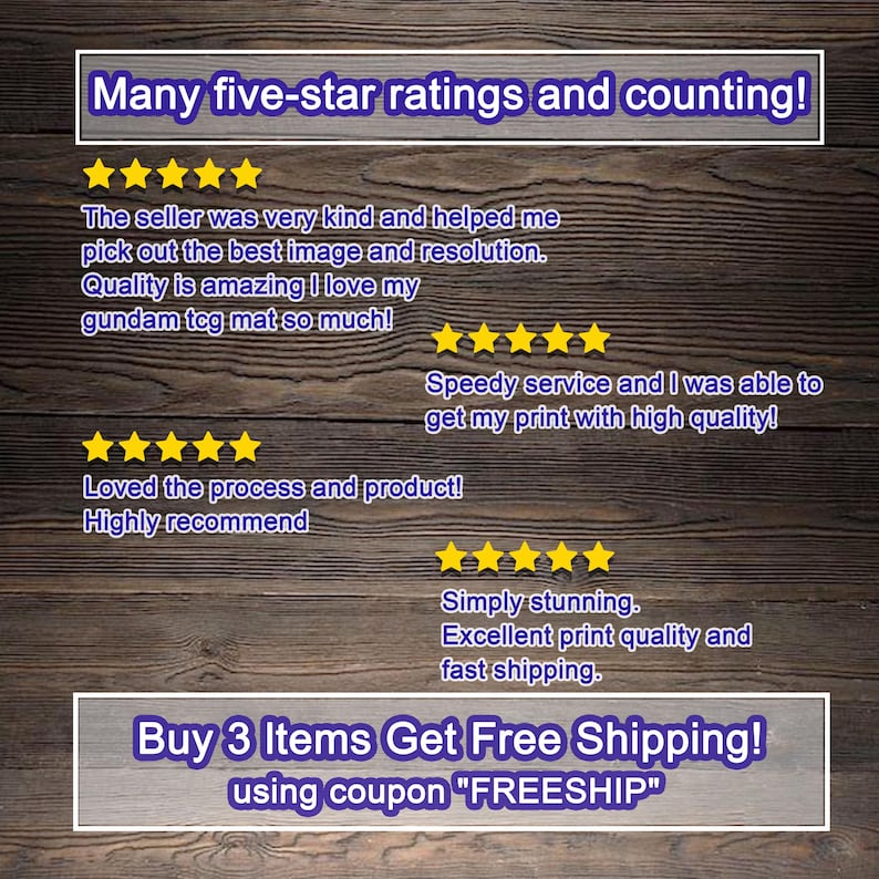 May include: Image with text: "Many five-star ratings and counting!" and customer reviews with five-star ratings. The reviews mention quality, service, and product satisfaction. The image also includes the text "Buy 3 Items Get Free Shipping!"