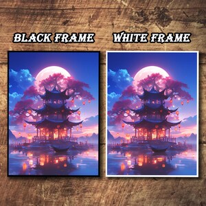 May include: Two framed art prints. One with a black frame and the other with a white frame. Each print depicts a pagoda scene with a full moon, pink trees, and lanterns reflected in the water. The text "BLACK FRAME" and "WHITE FRAME" is above each print.