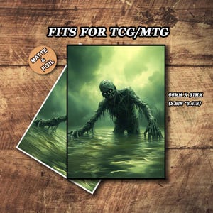 May include: A fantasy art print featuring a zombie rising from murky green water. The artwork is framed and measures 2.6 inches by 3.6 inches. The print is labeled "Fits for TCG/MTG" and is available in matte and foil finishes.
