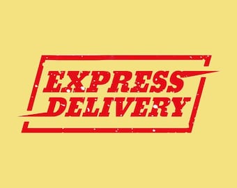 May include: A red rectangular graphic with the words "EXPRESS DELIVERY" in a bold, distressed font. The graphic has a yellow background and is designed to look like a stamp.