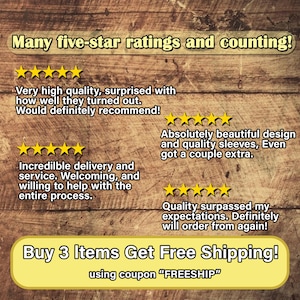 May include: Image of a wooden background with customer reviews and five-star ratings. Text includes phrases like "Very high quality" and "Buy 3 Items Get Free Shipping!" using coupon "FREESHIP".