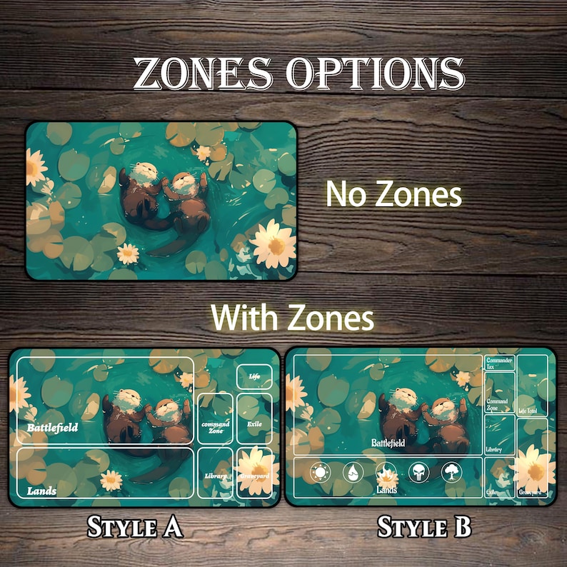 May include: Gaming playmats with otter illustrations in a pond setting. The mats are available with or without zones, and in two styles, A and B. The mats feature a teal background with lily pads and flowers. The text "ZONES OPTIONS" is at the top.