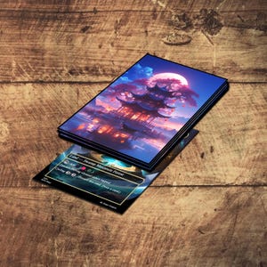 May include: A stack of card sleeves featuring a vibrant illustration of a pagoda, a full moon, and a reflective body of water. The bottom card displays text: "Land - Swamp Mountain Forest". The sleeves are on a wooden surface.