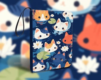 May include: A navy blue wallet featuring a repeating pattern of cartoon cats swimming in a pond with lily pads. The cats are in various colors, including orange, white, and blue. The words "Front View" are in white text at the top.