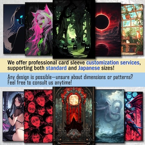 May include: A selection of card sleeves showcasing fantasy art. The designs include a woman with blue tears, a pink-haired character, a forest scene with glowing eyes, a red landscape, and a greenhouse with cats. Text on the image advertises customisation services.