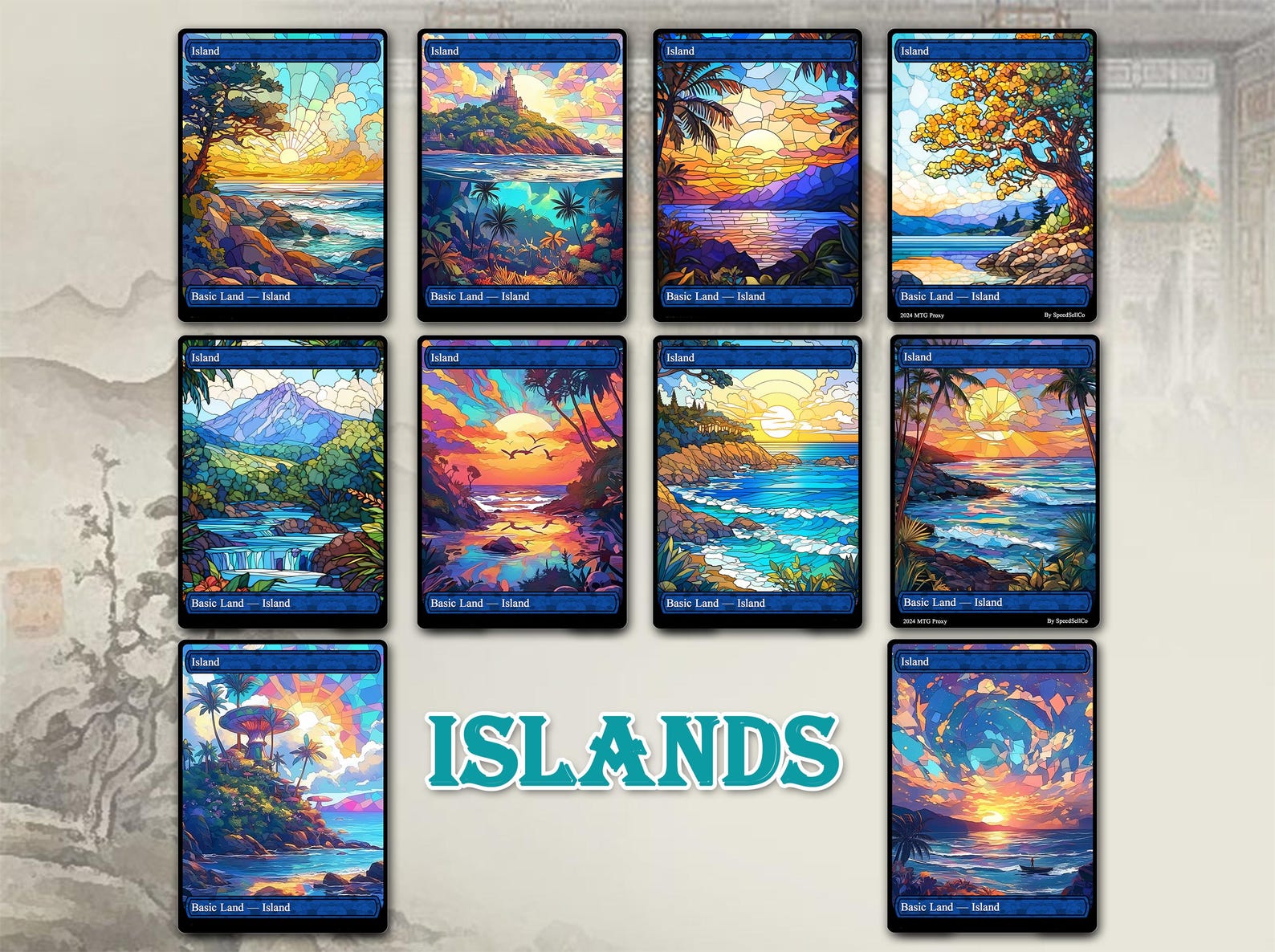 50 Basic Land Proxy Bundle, Custom Cards Full Art, Stained Glass Basic ...