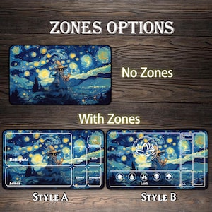 May include: Gaming playmats with a starry night design, available with or without zones. The mats feature a wizard in a starry night landscape. Style A has zones labeled Battlefield, Lands, Library, and Graveyard. Style B has a lotus flower.