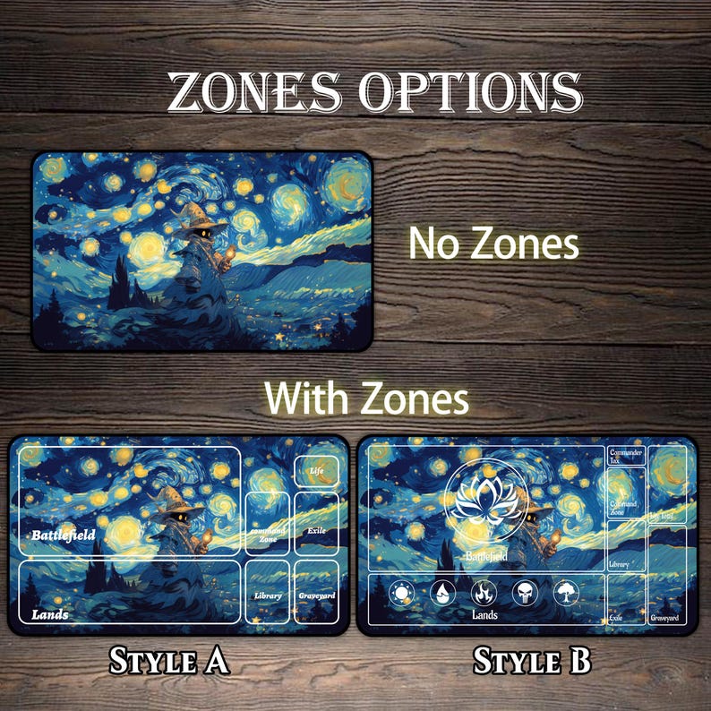 May include: Gaming playmats with a starry night design, available with or without zones. The mats feature a wizard in a starry night landscape. Style A has zones labeled Battlefield, Lands, Library, and Graveyard. Style B has a lotus flower.