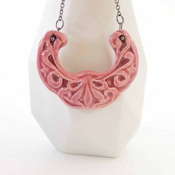 Pink Ceramic Necklace -- Glazed Ornate Pendant -- Gunmetal Black Chain -- UK Shop