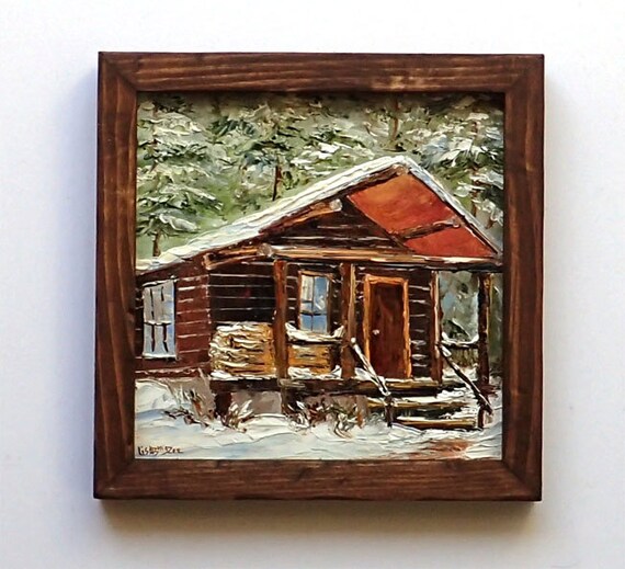 Rustic Log Cabin Framed Original Oil Painting Snow Mountains Etsy