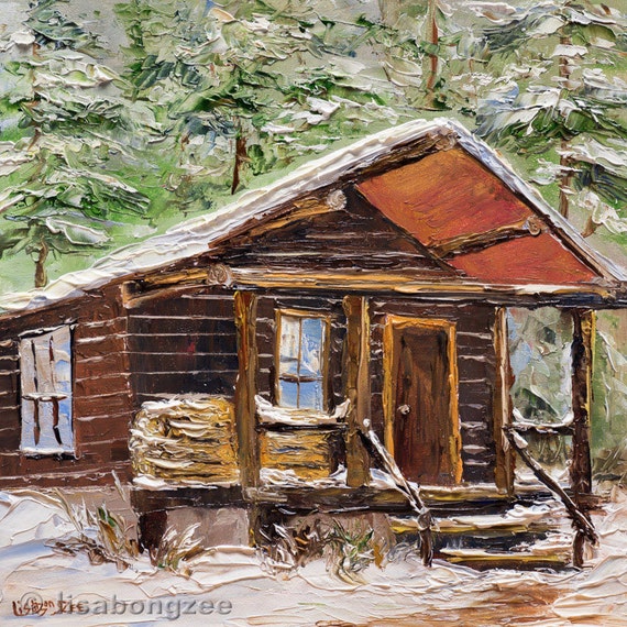 Rustic Log Cabin Framed Original Oil Painting Snow Mountains Etsy