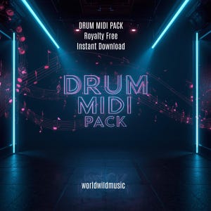 Puede incluir: Anuncio digital de un paquete MIDI de batería. El texto "DRUM MIDI PACK" está en letras grandes y brillantes. El texto adicional incluye "Royalty Free" e "Instant Download". El fondo presenta notas musicales y un entorno oscuro y futurista con luces de neón.
