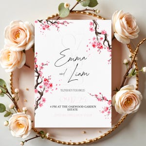 Puede incluir: Una invitación de boda con los nombres "Emma y Liam" en escritura elegante, rodeada de ramas de flores de cerezo rosas. También se incluye la fecha y la hora: 09.17.25, 4 PM en The Oakwood Garden Estate. La invitación está sobre un plato con borde dorado y rosas.
