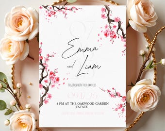 Elegant Cherry Blossom Wedding Invitation Template, Editable Canva Invite, Floral Spring Garden Design
