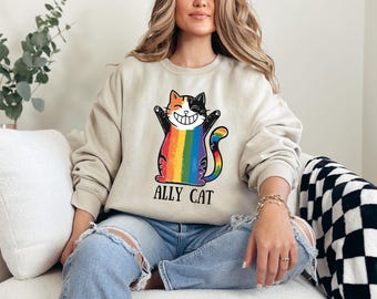 LGBTQ Pride Month Ally Cat Sweatshirt, Rainbow Ally Cat Sweatshirt, Gay Pride Shirt, Rainbow Color Shirt, LGBT Shirt, Pride Shirt