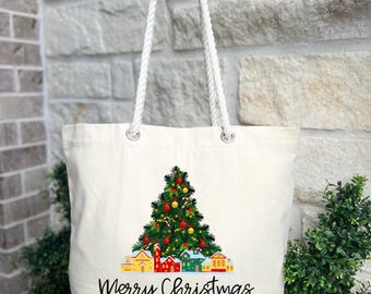 Merry Christmas Tote Bag, Christmas Tree Tote Bag, Santa Claus Tote Bag, Xmas Friends Tote Bag Gift, Holiday Gift for Family,Merry Xmas Bag