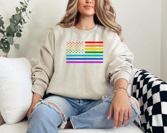 LGBTQ Pride Month American Flag Sweatshirt, Rainbow American Flag Sweatshirt, Gay Pride Shirt, Rainbow Color Shirt, LGBT Shirt, Pride Shirt
