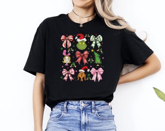 Grinch T-Shirt, Grinchmas Shirt, Grinch Christmas Shirt, Grinmas Coquette Bow Shirt, Grinch Gifts, Christmas Grinch T-Shirt, Green Fur Shirt