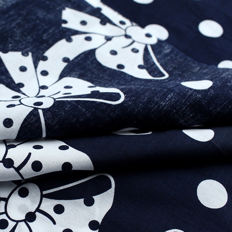 Big Bow Ribbon Border Print Cotton Fabric with Polka Dots for Emily and Fin Modcloth inspired dresses and clothes BTY x 55in wide