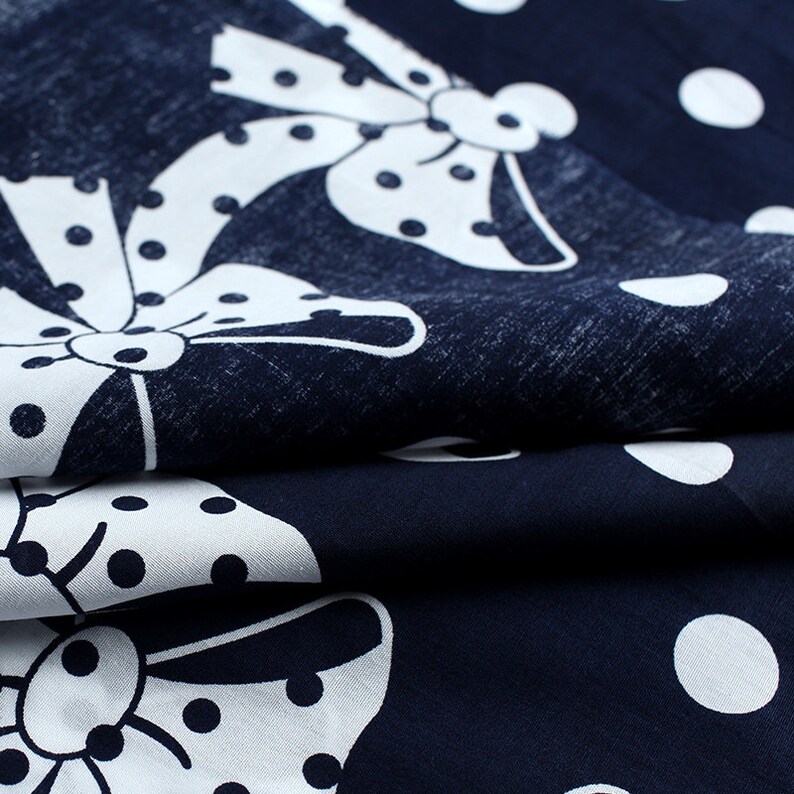 Big Bow Ribbon Border Print Cotton Fabric with Polka Dots for Emily and Fin Modcloth inspired dresses and clothes BTY x 55in wide
