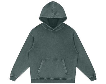 May include: A dark teal hoodie with a kangaroo pocket and a drawstring hood. The garment has a washed, vintage appearance. The long sleeves end in ribbed cuffs. The hoodie is made of a soft, comfortable material.
