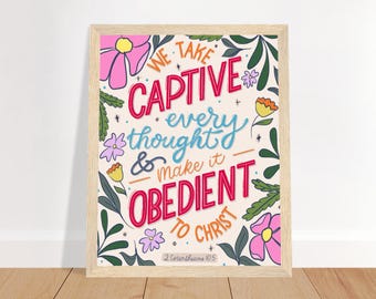 2 Corinthians 10:5 Floral Art Print, 8x10 Framed Ready-to-Hang, Hand Lettered Bible Verse, Scripture Word Art, Encouraging Christian Gift