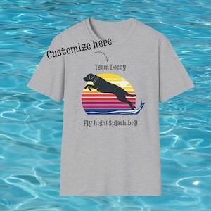 Dock diving, Labrador Retriever, custom, dog, sports, splash, pool Unisex Softstyle T-Shirt
