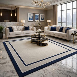 Puede incluir: Una alfombra rectangular grande con un centro color crema y un borde azul marino. La alfombra presenta un borde interior beige claro, que complementa los tonos neutros de los muebles y la decoración de la habitación. La alfombra está en un salón.