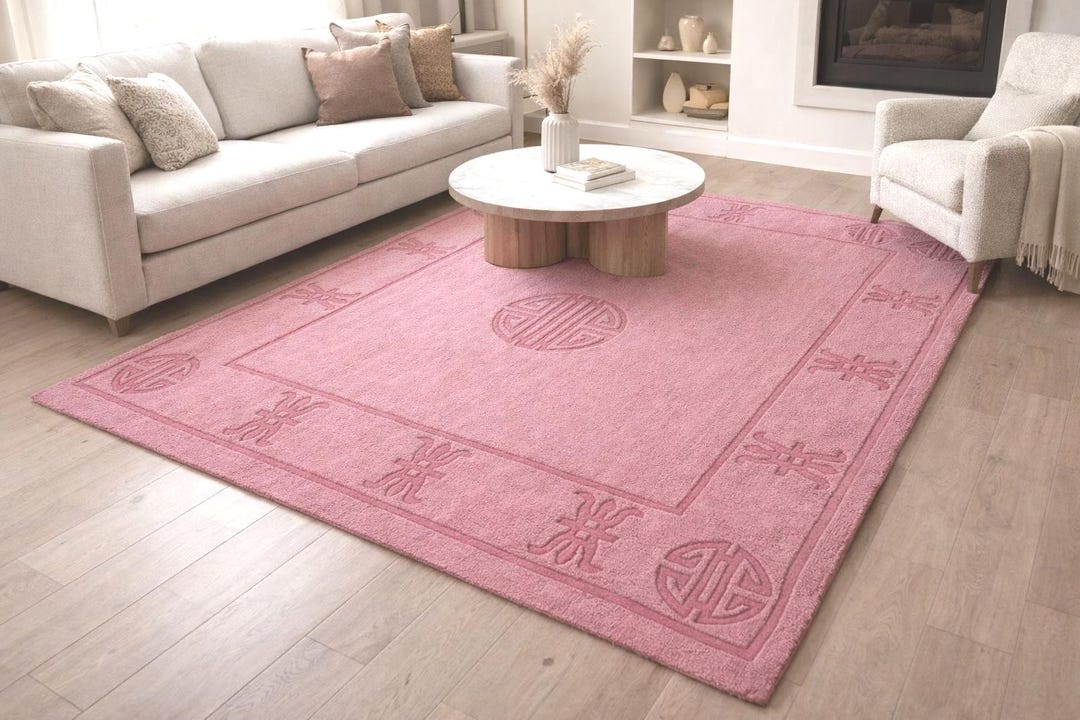 Hand Tufted Wool Pink Oriental Area Rug, Living Room Carpet, Vintage ...