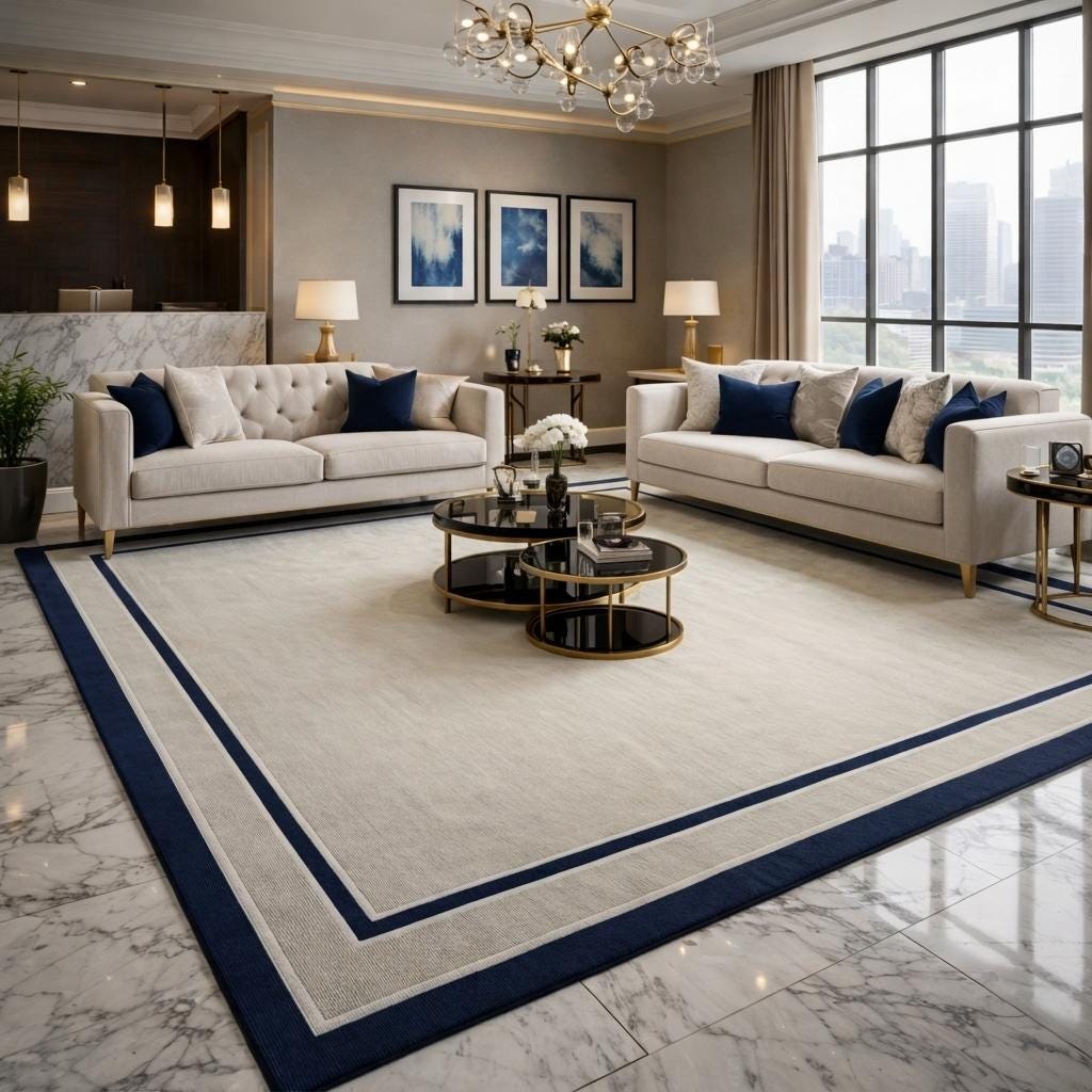 Hand Tufted Wool Area Rug, Cream Navy Border, Carpet. - Etsy